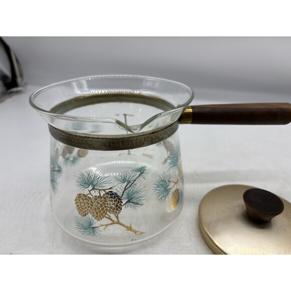 Vtg Mid-Century Douglas Libbey Flameproof Coffee Pot Blue Gold Gilt Pine Cones - Picture 8 of 9